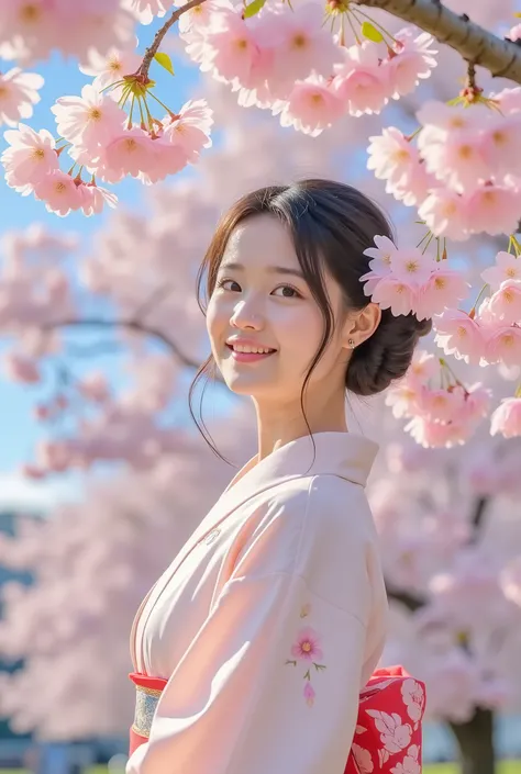 A high-quality photo，Show a beautiful Japanese girl standing under a blooming cherry blossom tree. She smiled softly, Wear a soft, light-colored kimono，It is embroidered with delicate patterns. The sun shines through the petals,  create a dreamy atmosphere...