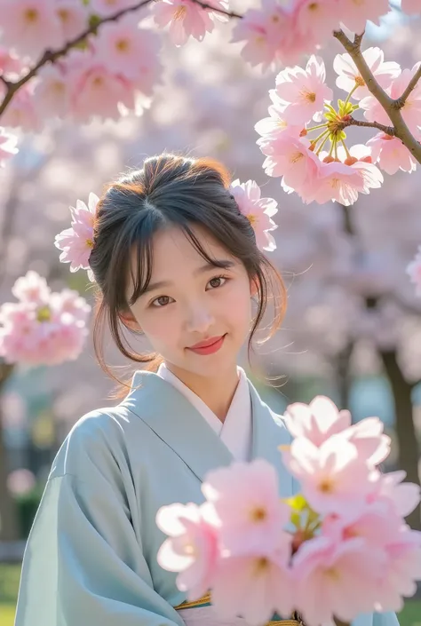A high-quality photo，Show a beautiful Japanese girl standing under a blooming cherry blossom tree. She smiled softly, Wear a soft, light-colored kimono，It is embroidered with delicate patterns. The sun shines through the petals,  create a dreamy atmosphere...