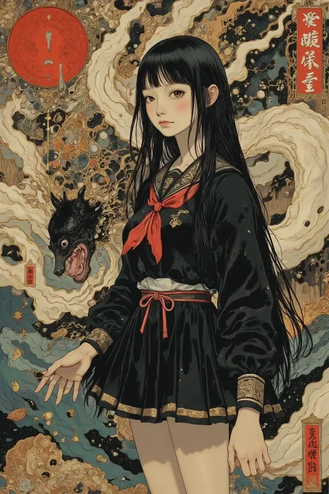 1 girl,beautiful face,turime,black hair,long straight hair ,Bob,hime cut, long hair,((wearing Japanese school black sailor uniform with mini black skirt, red ribbon,long sleeve)),Nihonga,Japanese painting style,(vivid color:1.5),sharp line,dynamic pose,de...