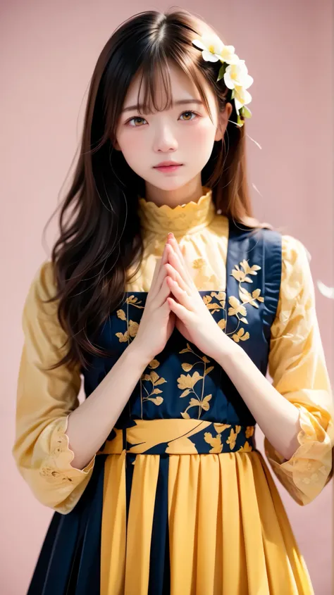 (((perfect anatomy))), Beautiful portrait photo, Japanese girls , Alone、one girl、(((turn hands around back:1.7, Hands clasped behind back)))、少し短い首:1.7, beautiful skin on hands, beautiful black hair, straight long hair , light brown eyes, change color t...