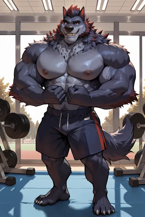 solo, 1boy, massive muscular, Flasheart, werewolf, dark blue fur, red highlights, male, gym, flexing, solo, smile, very huge pectoral, shirtless, detailed face, shorts, wide shoulder, thick arms, wide pectoral, muscle, detailed face, detailed eyes, short h...