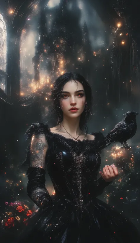 A pale-skinned maiden stands on the edge of a grand, decaying balcony, her long, raven-black hair flowing like silk in the cold night air. The full moon casts an eerie glow on her Victorian-style gown—deep black velvet with intricate lace, embroidered with...