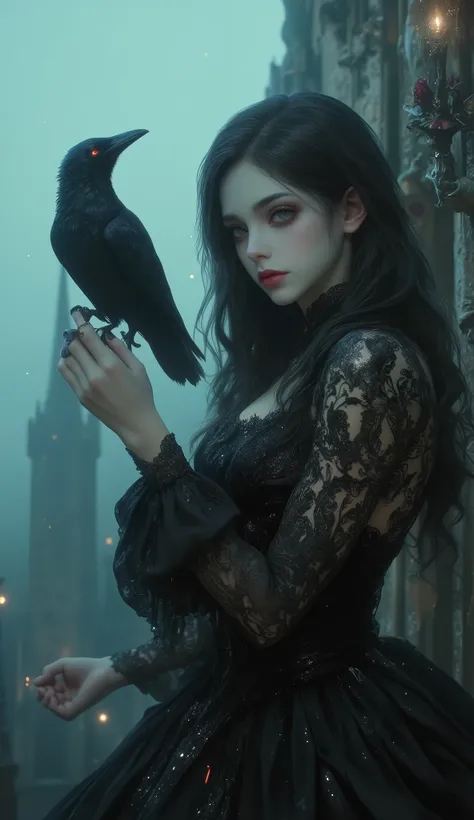 A pale-skinned maiden stands on the edge of a grand, decaying balcony, her long, raven-black hair flowing like silk in the cold night air. The full moon casts an eerie glow on her Victorian-style gown—deep black velvet with intricate lace, embroidered with...