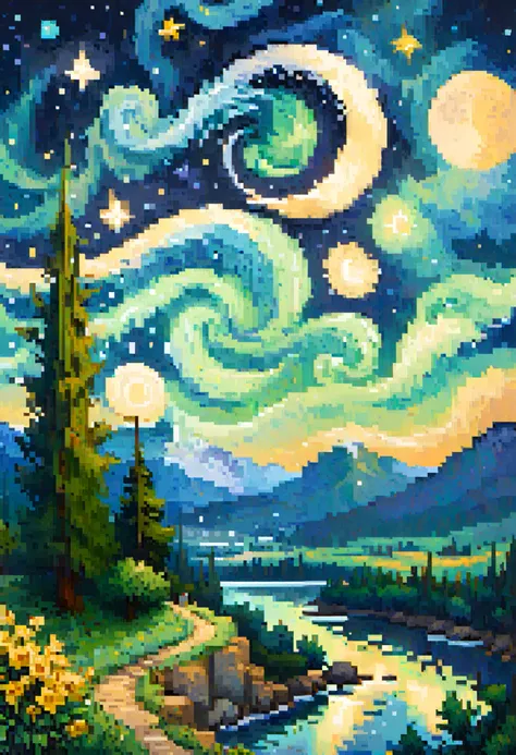 Van Gogh's starry night pixel art