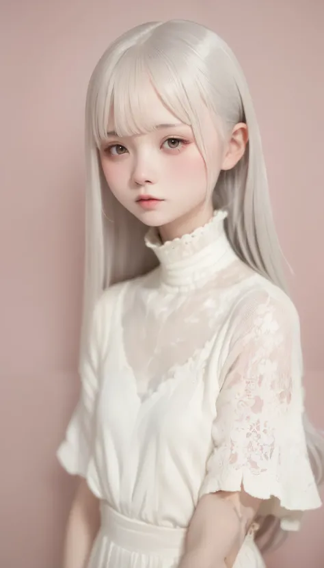 perfect anatomy, Japanese girls , Alone、one girl、少し短い首:1.7, Albino Skin, Gray Hair, straight long hair , light brown eyes, change color to high neck lace fabric, white clothes, artistic, light pink background