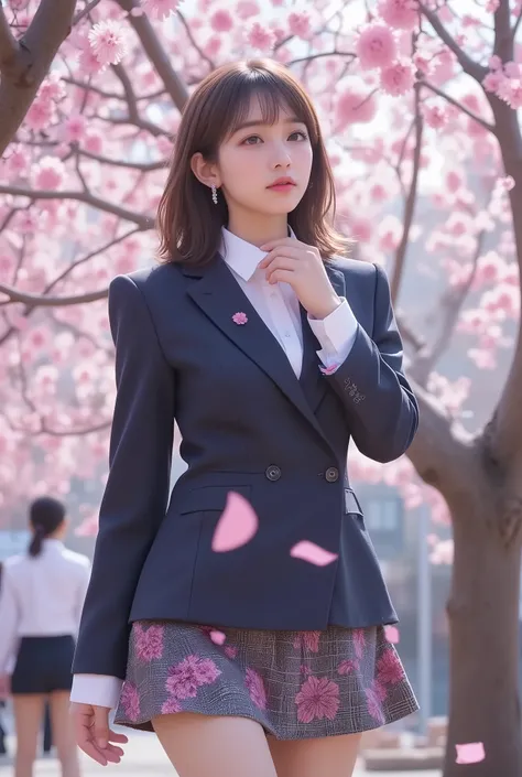 (Top Quality、masterpiece、winning work、16k), 、A cute busty girl、school uniforms、blazers、white shirt、in a tartan check skirt、knee-high socks、 leather loafers、((big breasts:1.2), (Big Breasts:1.2), (raised and crisp bust:1.2), (lifts the chest:1.2), (Perky br...