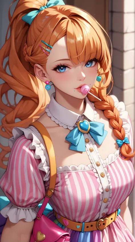 mira, orange hair, blue eyes, mole under mouth, long hair, ponytail, braid, 1woman, (layered chiffon dress resembling candy wrappers:1.3),
(fitted bodice with lollipop-shaped buttons:1.1),
(ribbon belt with candy-shaped brooch:1.2),
striped candy cane-insp...