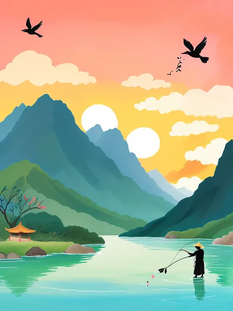  Depicted in the style of 。 silhouette of an angler throwing a fishing line into the water at sunset , 。There are mountains in the background、 shades of orange are reflected in calm waters 。, This scene is depicted in the style of Chinese artist Zhang Daqi...