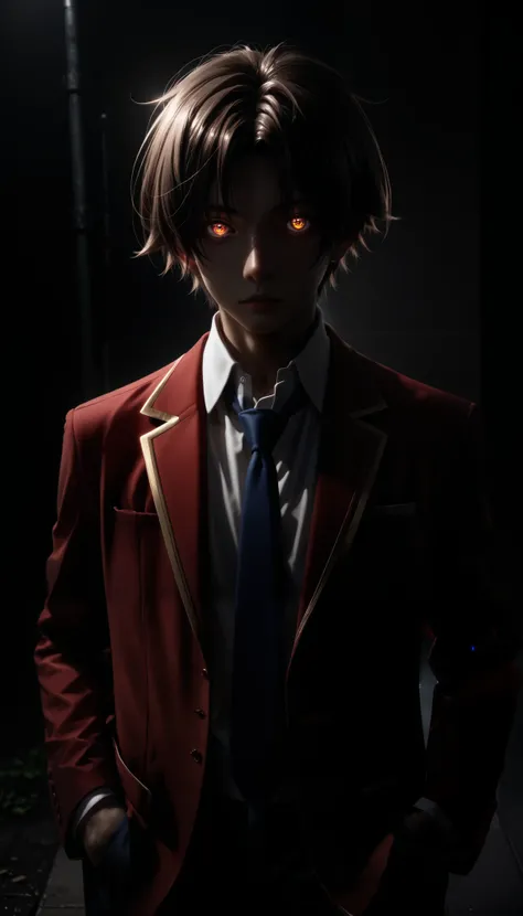 (red blazer:1.5), UHD, textured skin, high quality, masterpiece, 1boy, brown hair, brown eyes, short hair, bangs, parted bangs, school uniform, jacket, necktie, blue necktie, shirt, white shirt, collared shirt, looking at viewer, looking at viewer, very ae...