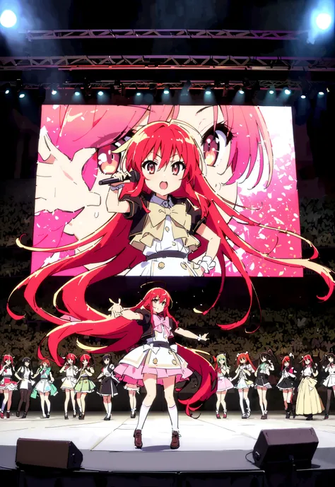 shana , very long hair, red hair, Red Eyes, stupid hair, small ,idol costume, dress,collared dress,jacket,cropped jacket,Short sleeve,bowtie,bow,button, above Decorati has ,is standing,dancing,(white knee-high:1.2),shoes, illustrations of scenes where ido...