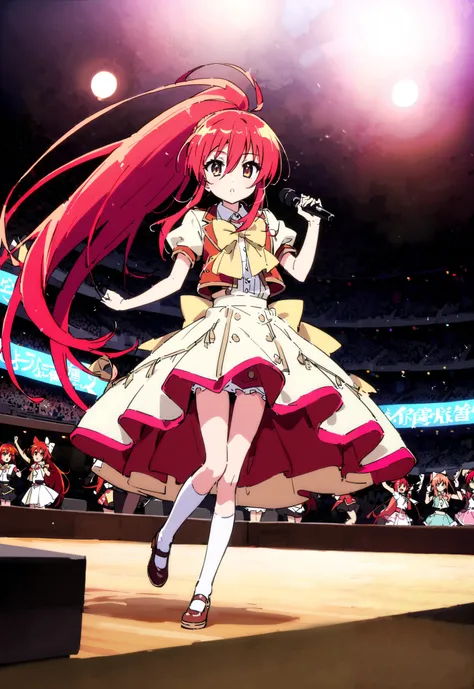 shana , very long hair, red hair, Red Eyes, stupid hair, small ,idol costume, dress,collared dress,jacket,cropped jacket,Short sleeve,bowtie,bow,button, above Decorati has ,is standing,dancing,(white knee-high:1.2),shoes, illustrations of scenes where ido...