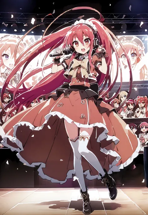 score_9, score_8_up, score_7_up, source_anime,shana , very long hair, red hair, Red Eyes, stupid hair, small ,idol costume, dress,collared dress,jacket,cropped jacket,Short sleeve,bowtie,bow,button, above Decorati has ,is standing,dancing,(white knee-high...