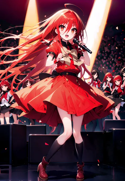 shana , very long hair, red hair, Red Eyes, stupid hair, small ,idol costume, dress,collared dress,jacket,cropped jacket,Short sleeve,bowtie,bow,button, above Decorati has ,is standing,dancing,(white knee-high:1.2),boots,アイドル歌手がライブ ステージで熱狂的に歌うシーンのillustra...
