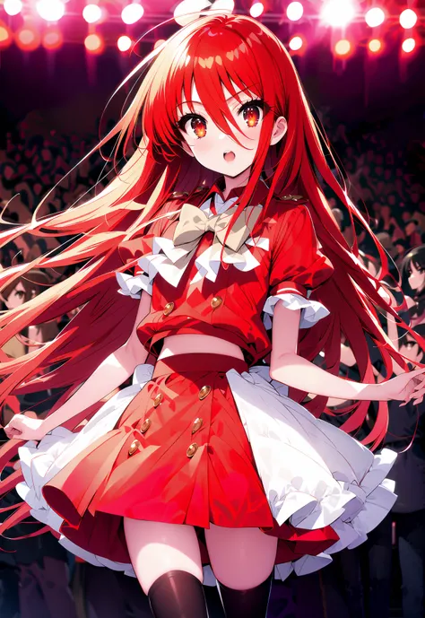shana , very long hair, red hair, Red Eyes, stupid hair, small ,idol costume, dress,collared dress,jacket,cropped jacket,Short sleeve,bowtie,bow,button, above Decorati has ,is standing,dancing,(white thigh knee-highs:1.2),boots,アイドル歌手がライブ ステージで熱狂的に歌うシーンのi...