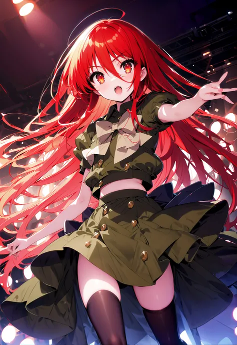 shana , very long hair, red hair, Red Eyes, stupid hair, small ,idol costume, dress,collared dress,jacket,cropped jacket,Short sleeve,bowtie,bow,button, above Decorati has ,is standing,dancing,(white thigh knee-highs:1.2),boots,アイドル歌手がライブ ステージで熱狂的に歌うシーンのi...