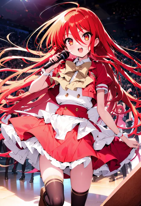 shana , very long hair, red hair, Red Eyes, stupid hair, small ,idol costume, dress,collared dress,jacket,cropped jacket,Short sleeve,bowtie,bow,button, above Decorati has ,is standing,dancing,(white thigh knee-highs:1.2),boots,アイドル歌手がライブ ステージで熱狂的に歌うシーンのi...