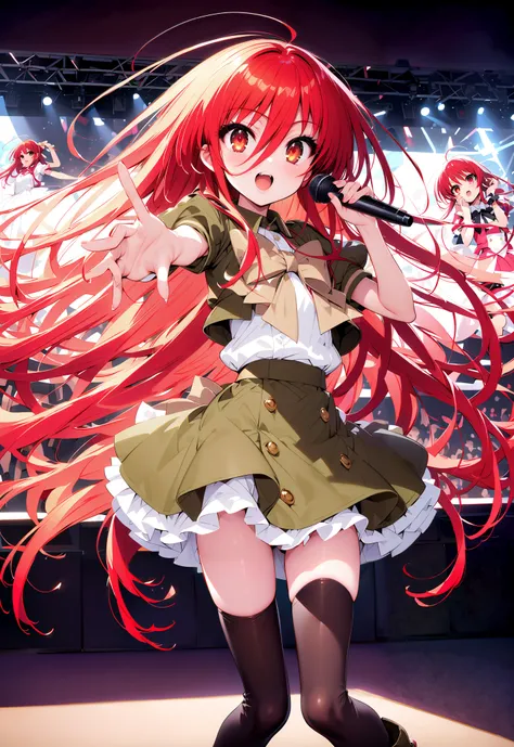 shana , very long hair, red hair, Red Eyes, stupid hair, small ,idol costume, dress,collared dress,jacket,cropped jacket,Short sleeve,bowtie,bow,button, above Decorati has ,is standing,dancing,(white thigh knee-highs:1.2),boots,アイドル歌手がライブ ステージで熱狂的に歌うシーンのi...