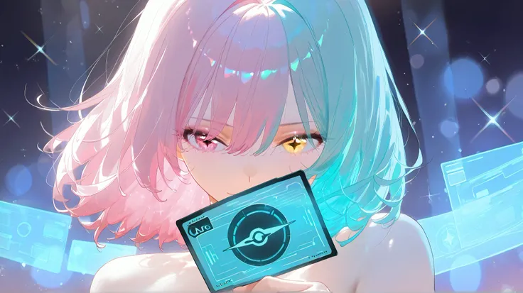 High quality hologram trading card depicting a girl in anime style, using glitter,{{Chief'artwork}}, Best Quality, background'very detailed Unity 8kCG display, Cinematic Lighting, sparkle, beautiful and detailed eyes, Noir, One hit'Sideways g...