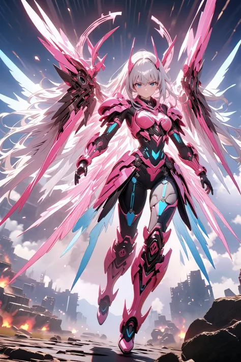 Female Figure Wearing Precise Machine Armor、
（1 girl）,  serious expression、 (白いlong hair：1.5), long hair, blue eyes ,  cute face、 Animation Screenshot 、 Full body neon tattoo 、 Huge Machine Wings with Neon Lights 、Cybernetic Suit  、手形のあるなびく髪、(Firearms of t...