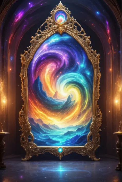 beautiful Фентези, fantasy style, The mirror is divided into 3 parts, Beautiful Patterns made of an unusual alloy, surrounded by flowers and the mysterious glow of a beautiful blend of red and green, The image in the mirror is 3 different, on the first Pai...