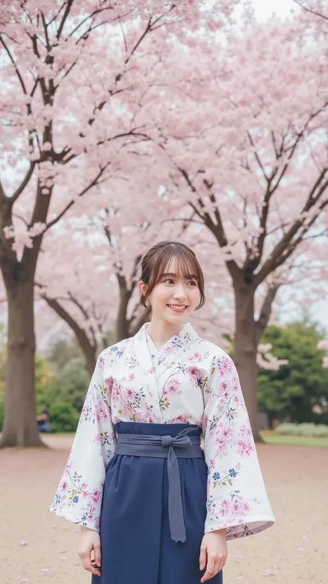 The high resolution photograph of a young Japanese female idol, intricate details, extremely detailed, sharp focus, natural soft lighting, solo, 1girl, (floral print kimono, indigo blue hakama, black short boots), standing, facing up, looking up at the air...