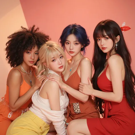 A K-pop girl group that consists of 1 African American black girl, 1 blonde blue eyed korean girl, 1 Filipino girl with curly dark blue hair and one Chinese girl with long black hair and bangs, concept photos K-pop music video for a group named SUGARXSPICE...