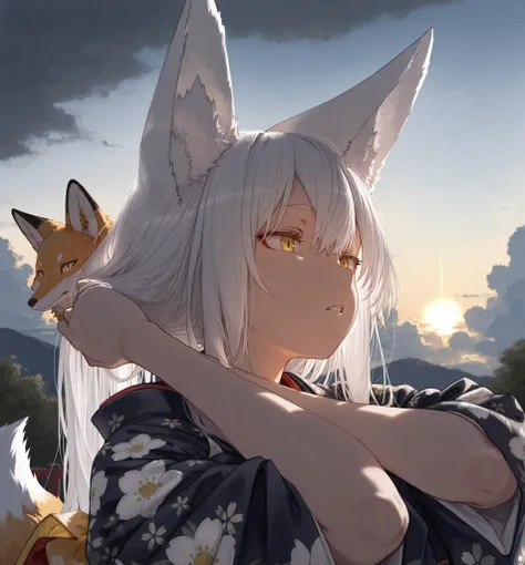 1 girl, foxtail, null, white hair, long hair, animal ears, masterpiece, yellow eyes, fox, parted lips, viewers, kimono, Floral Print, outdoors, portrait, arms crossed over head, Fix your hair, cloud, volume lighting,