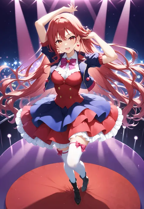 shana , very long hair, red hair, Red Eyes, stupid hair, small ,idol costume, dress,collared dress,jacket,cropped jacket,Short sleeve,bowtie,bow,button, above Decorati has ,is standing,dancing,(white thigh knee-highs:1.2),boots,アイドル歌手がライブ ステージで熱狂的に歌うシーンのi...