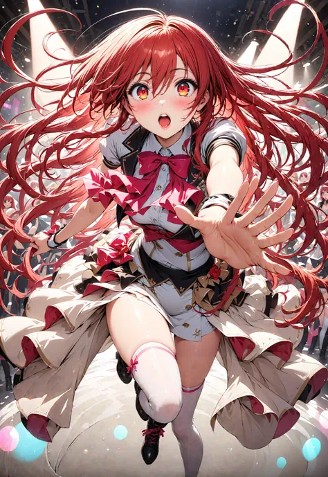shana , very long hair, red hair, Red Eyes, stupid hair, small ,idol costume, dress,collared dress,jacket,cropped jacket,Short sleeve,bowtie,bow,button, above Decorati has ,is standing,dancing,(white thigh knee-highs:1.2),boots,アイドル歌手がライブ ステージで熱狂的に歌うシーンのi...