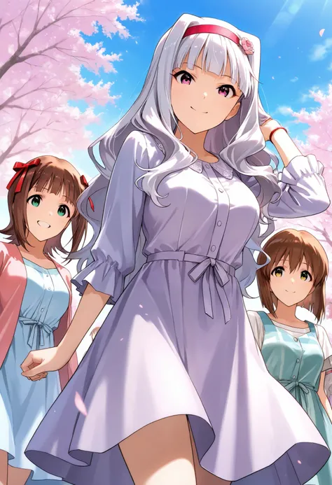 score_9 , score_8_up , score_7_up , source_anime ,(3 girls), Shijou Takane, white hair, long hair, purple eyes, Simple headband, BREAK, Hagiwara Yukiho, brown hair, short hair, brown eyes, BREAK, Amami Haruka, brown hair, short hair, Jade Eyes, BREAK, view...