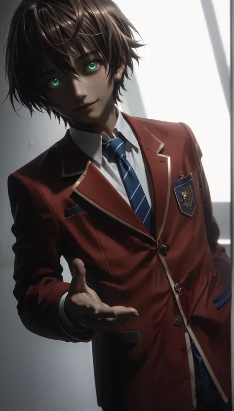 masterpiece(red blazer:1.5), 1boy, RosyBrown hair, short hair, school uniform, jacket, necktie, blue necktie, shirt, white shirt, collared shirt, luminous eyes, glowing eyes, Soft gaze, holds out his hand, in the school corridor, friendly, Dark green eyes,...