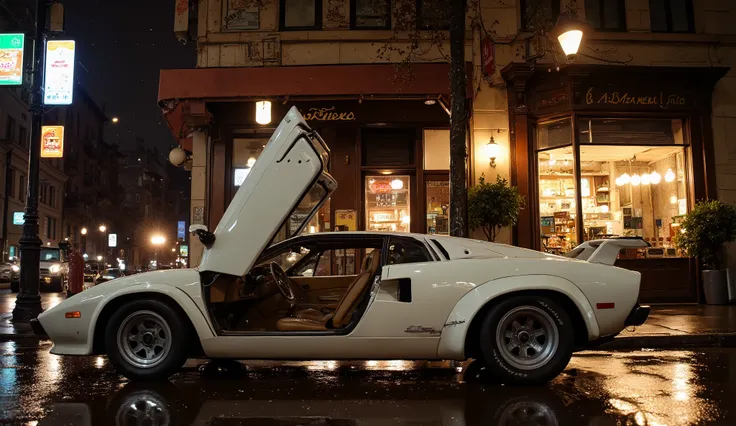 A classic Lamborghini Countach 5000 Quattrovalvole, painted in pearl white, sits under the glow of a streetlamp on a wet city street at night. Raindrops glisten on the sharp, wedge-shaped body, and the scissor doors are slightly ajar, revealing a rich tan ...