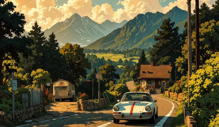 "A 1973 Porsche 911 Carrera RS in classic white with red racing stripes speeds along a winding mountain road at dawn. The early morning mist clings to the asphalt, and the rising sun casts long shadows through the trees. The raspy air-cooled flat-six engin...