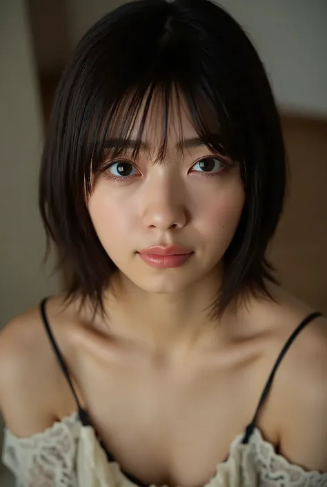 (( Best Quality )), ((masterpiece)), ( details), first-person view ,1 girl, Transistor Glamour, sexy,( Bring Your Face Closer ),((mouth wide open )),((Big Breasts, underwear, Short Bob Hair)), black hair , (( without makeup, small e...