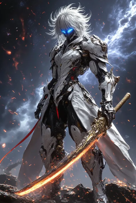 
(absurdres,   highres,  flap of hair), masterpiece, the best quality, a boy in a white jacket, holding a sword, Alone ,  elegant, Short Hair, White hair, detailed face,   combat posture,   Attack Posture  , Wielding a sword pose,  Abstract background them...