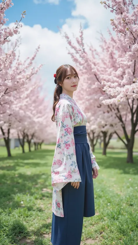 The high resolution photograph of a young Japanese female idol, intricate details, extremely detailed, sharp focus, natural soft lighting, solo, 1girl, (floral print kimono tucked in indigo blue long hakama, black short boots), standing, stunning figure, f...