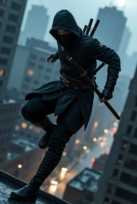 an cinematic photo of a ninja running across rooftopsa skilled ninja,ninja warrior,athletic pose,running,jumping,agile,ninja_outfit,black_outfit,blades,weapons,katana,sword,rooftops,cityscape,nighttime,moonlit,dramatic_lighting,cinematic_angle,high_angle,4...