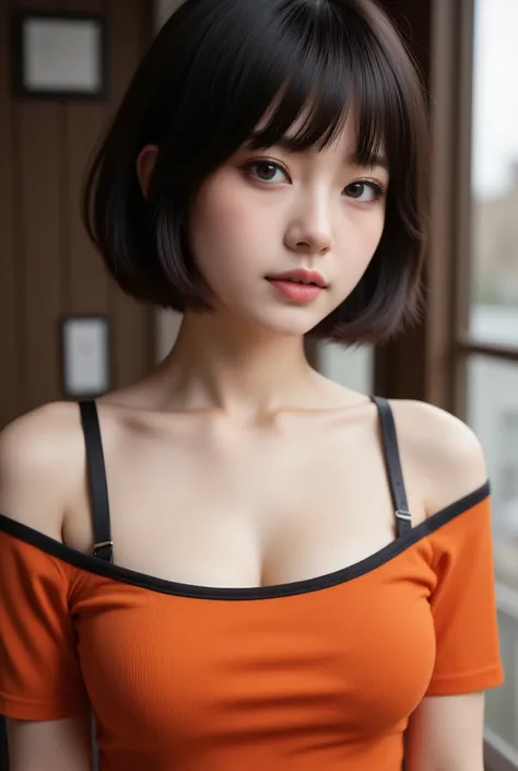Amazing portrait of a cute goth woman with her short black hair in a bob hairstyle and she's wearing heavy eyeliner around her eyes and she's gazing at you seductively she wears an off shoulder t shirt that is orange and black with black bra straps