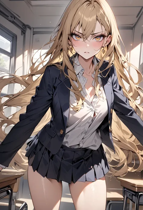 ((greatest masterpiece,super quality:1.2)),(super resolution),(solo),Cowboy Shots(front),Slender, slender high school girl standing in the classroom,beautiful face,(blonde long hair),perfect golden eyes,serious expression, high quality dark blue blazer ,HI...