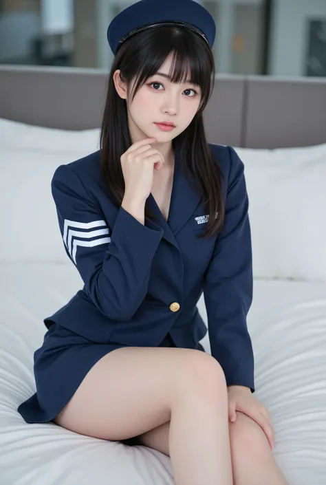 arafed asian woman in uniform posing on a bed, Sakihime-chan , jk uniform, girl wearing uniform, wearing headmistress uniform, Tight Suit , full uniform, pilot clothes , wearing rr diner uniform, Korean, uniform, high quality costume , Professional Cosp...
