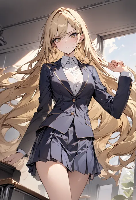 ((greatest masterpiece,super quality:1.2)),(super resolution),(solo),Cowboy Shots(front),Slender, slender high school girl standing in the classroom,beautiful face,(blonde long hair),perfect golden eyes,serious expression,high quality navy blue blazer,HIGH...