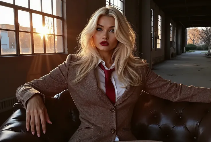 woman, blonde hair, female mobster, mafia style, brown tweed 3-piece business suit with a white shirt and red tie, leather gloves, best quality, masterpiece, cocky smirk, looking at the viewer, lounging in an old leather couch while in a old abandoned deso...