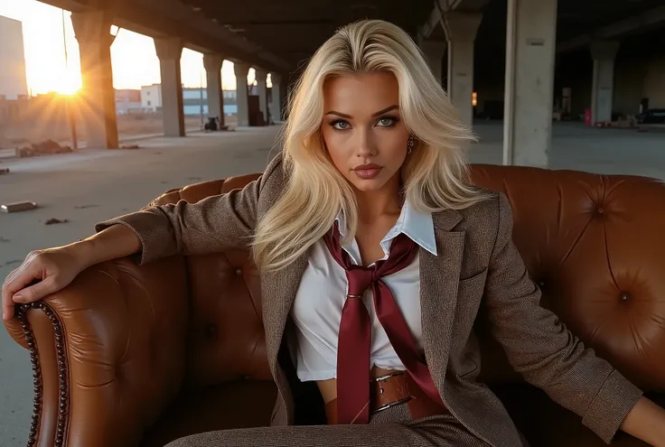 woman, blonde hair, female mobster, mafia style, brown tweed 3-piece business suit with a white shirt and red tie, leather gloves, best quality, masterpiece, cocky smirk, looking at the viewer, lounging in an old leather couch while in a old abandoned deso...