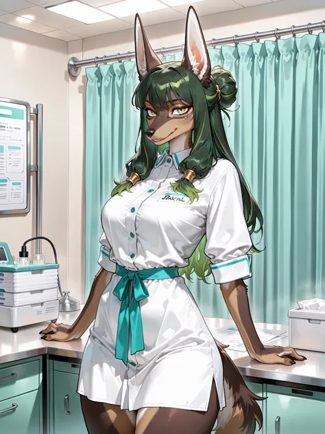 (masterpiece quality, best quality, high resolution:1.1), cowboy shot, female, (solo, 1 jackal anthro:1.25), (long muzzle:0.75), (deep green eyes), medium long hair, deep green hair, bun hair, bangs hair, adult, mature, cool, beautiful, proud, dignified, (...