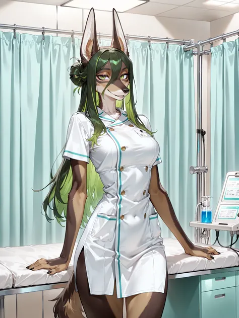 (masterpiece quality, best quality, high resolution:1.1), female, (solo, 1 jackal anthro:1.25), (long muzzle:0.75), (deep green eyes), medium long hair, deep green hair, bun hair, long bangs hair, adult, mature, cool, beautiful, proud, dignified, (tall), p...
