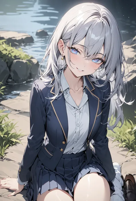 ((greatest masterpiece,super quality:1.2)),(super resolution),(solo),Cowboy Shots(front),Slender, slender high school girl sitting on the riverside ground,beautiful face,(long silver hair),Perfectly colored eyes,smile,high quality navy blue blazer,HIGH QUA...