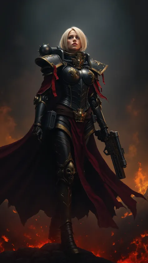 SisB40K, ultra realistic blonde woman wearing SisB40K armor, highly detailed facial features, elegant posture, confident expression, SisB40K battle gear, realistic armor textures, intricately designed helmet, advanced weaponry, fantasy battle scene, dark m...