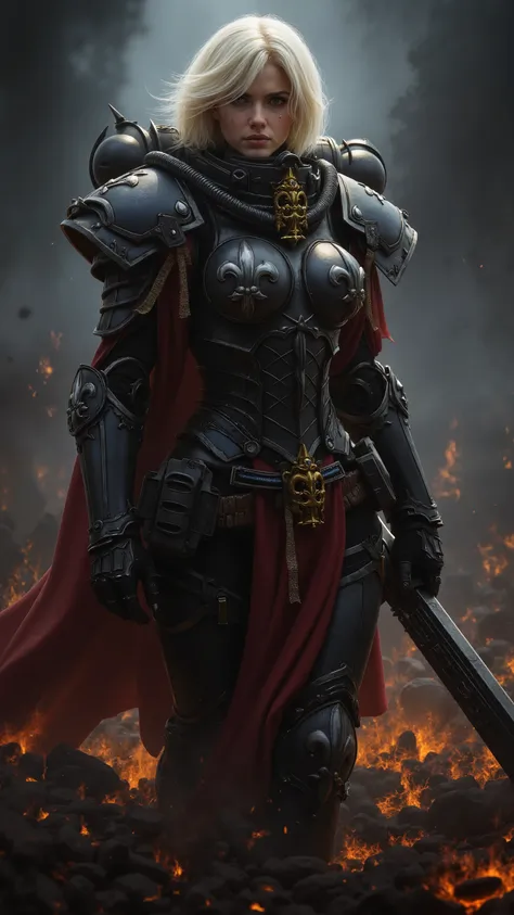 SisB40K, ultra realistic blonde woman wearing SisB40K armor, highly detailed facial features, elegant posture, confident expression, SisB40K battle gear, realistic armor textures, intricately designed helmet, advanced weaponry, fantasy battle scene, dark m...