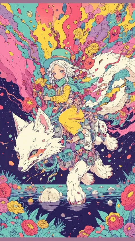 Vision,unrealistic color gradation of purple and pink in the sky,Create a dreamy atmosphere,Petals are condensed from liquid rainbows,will flow to neighboring flowers when touched and reshaped,firefly figures sleeping in flower pistils,will wake up when th...