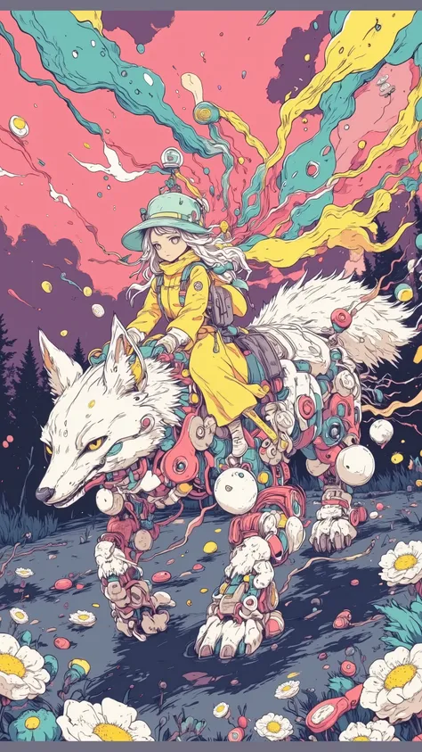 Vision,unrealistic color gradation of purple and pink in the sky,Create a dreamy atmosphere,Petals are condensed from liquid rainbows,will flow to neighboring flowers when touched and reshaped,firefly figures sleeping in flower pistils,will wake up when th...